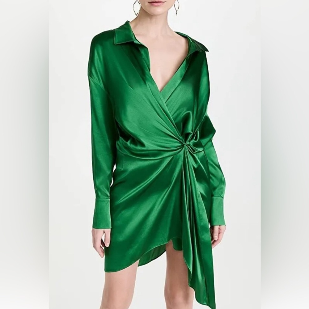 SER.O.YA Demi Dress Amazon Green Silk Satin Long Sleeve S $495 flaws